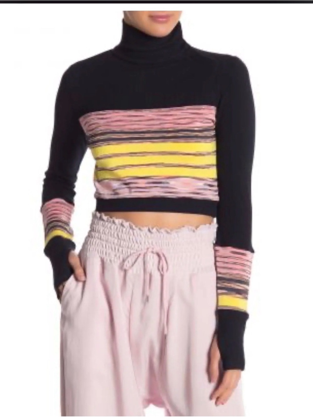 Free People Black Cropped Turtleneck Sweater with Pink & Yellow Stripes